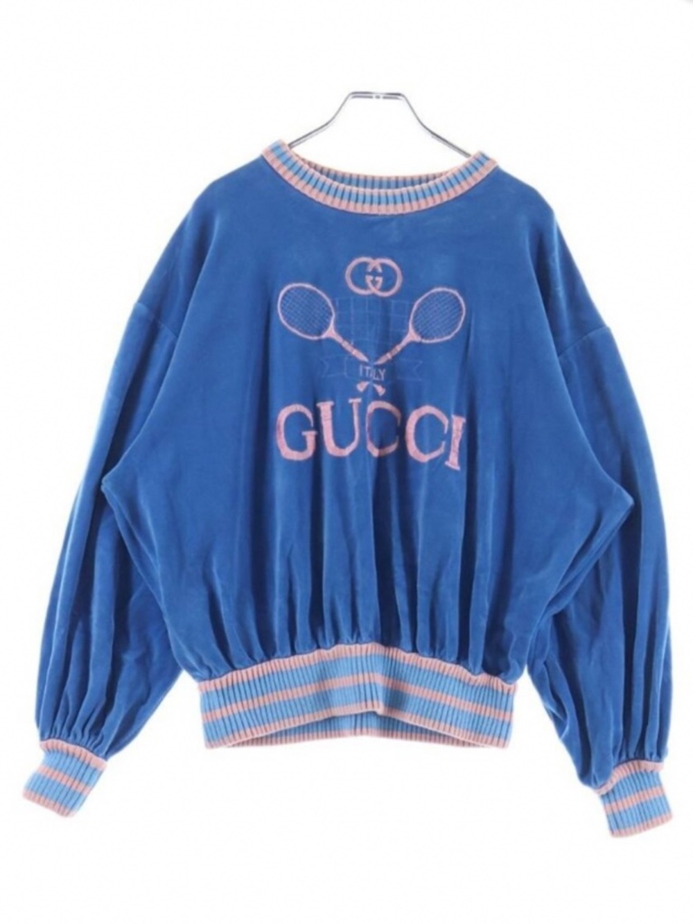 Gucci Blue Velvet Tennis Sweatshirt with Pink Embroidery
